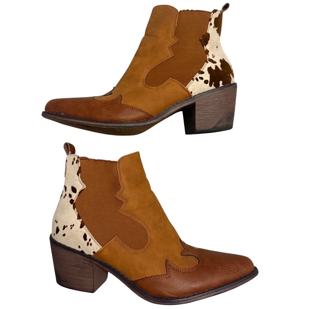 Pierre Dumas Ankle Boots Womens 8.5 Tan Western Cow Print Reptile Pointed Toe